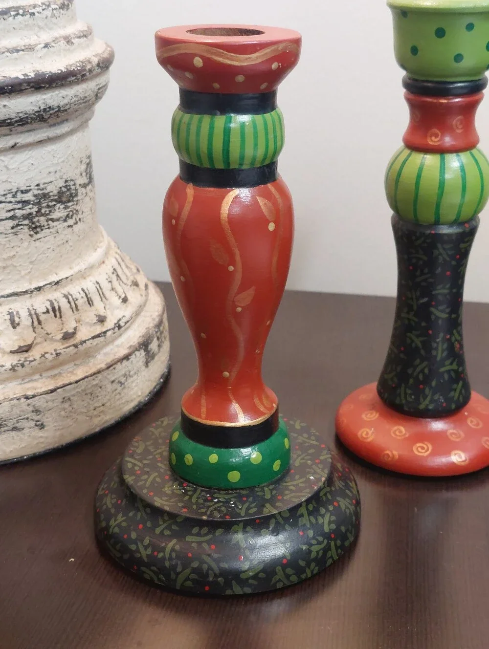 Folk Art Pair of Vintage Hand Painted Wooden Pillar Candle Holders 7